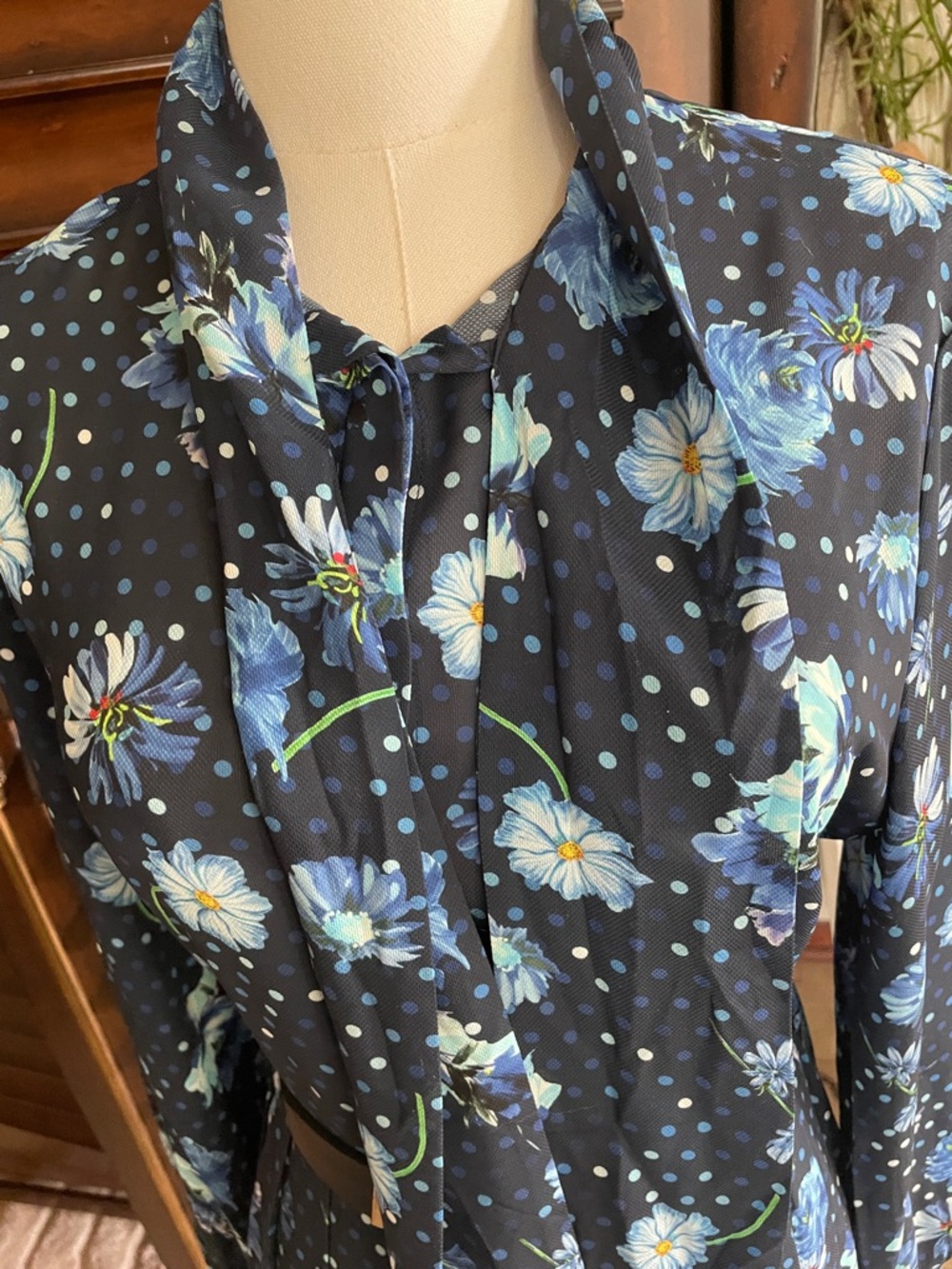 Gracia Navy Floral Tie-Neck Long Sleeve Dress Belt Spring Tea Party Large - Picture 9 of 14